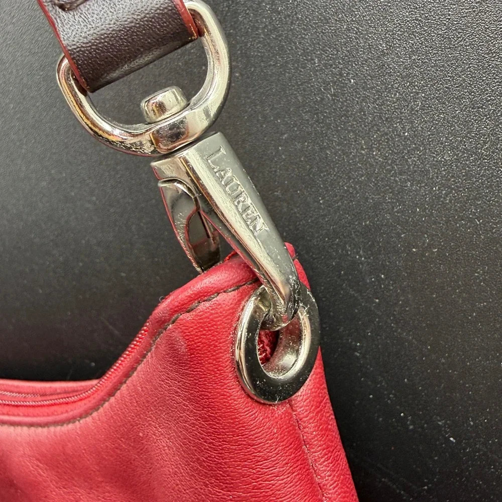 Lauren Ralph Lauren Red Leather Hobo‎ Shoulder Bag Purse Front Pocket RL Logo